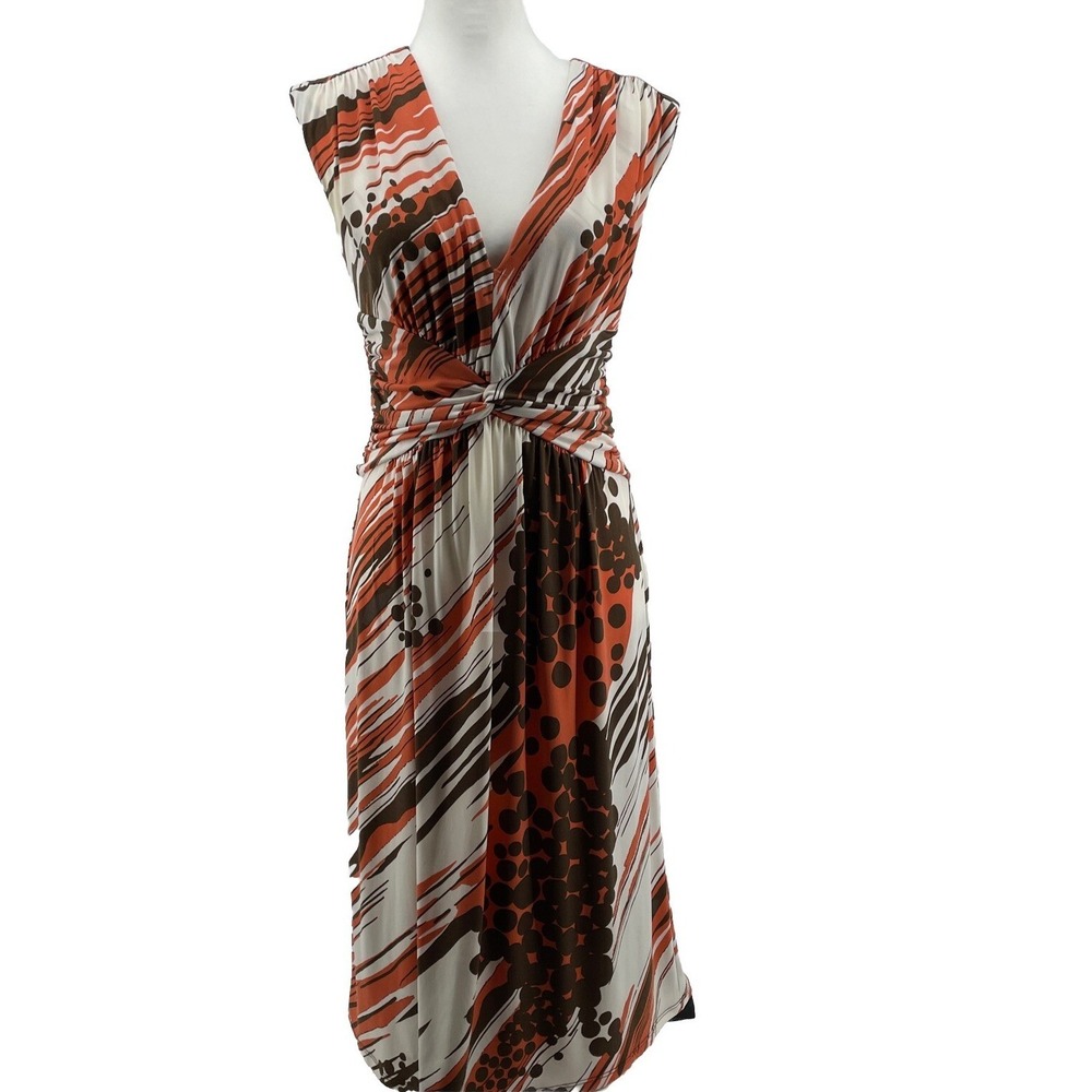 Max And Cleo Retro Dress Women's Small Faux Wrap Midi Orange Brown 60s 70s Vibes